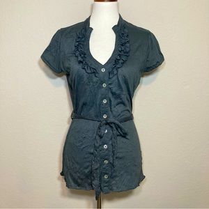 SELF ESTEEM Gray Ruffled V-neck Button Down Belted Crinkled Blouse Jrs Large